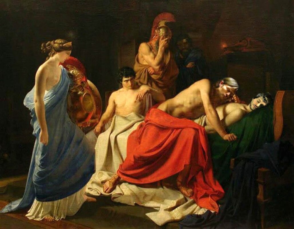Aquiles llorando a Patroclo. Nikolai Ge, 1855.