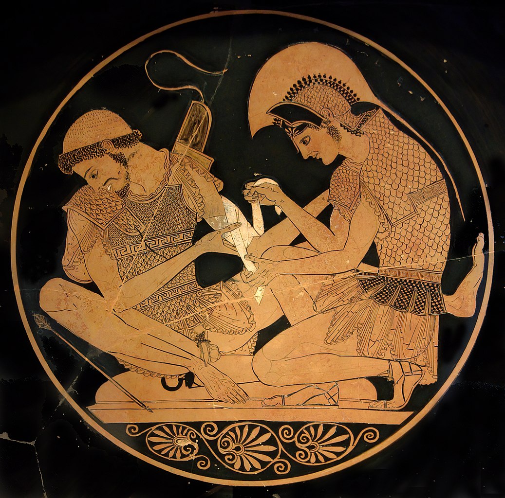 Aquiles atendiendo a Patroclo herido. ca. 500 AEC.