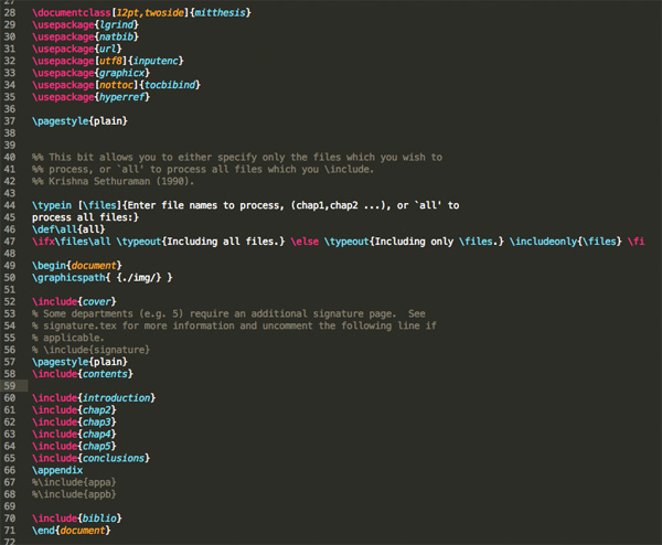 A sample base LaTeX file using MIT's thesis template. Packages and files are imported into this file to be processed for output.